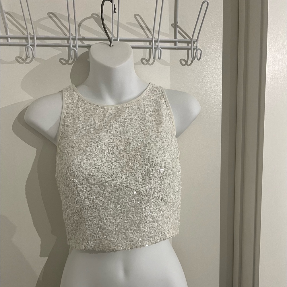 *Keepsake, the Label* white crop sequence shirt